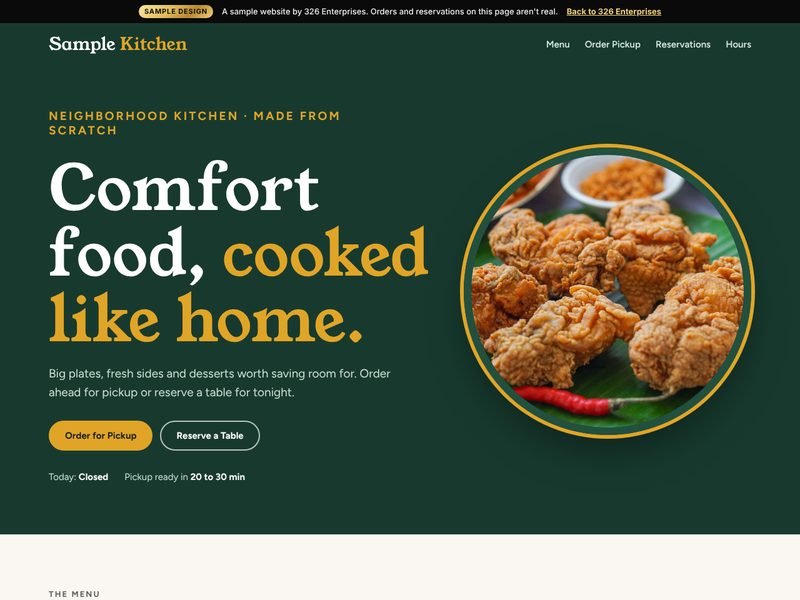 Restaurant sample site, top of the page